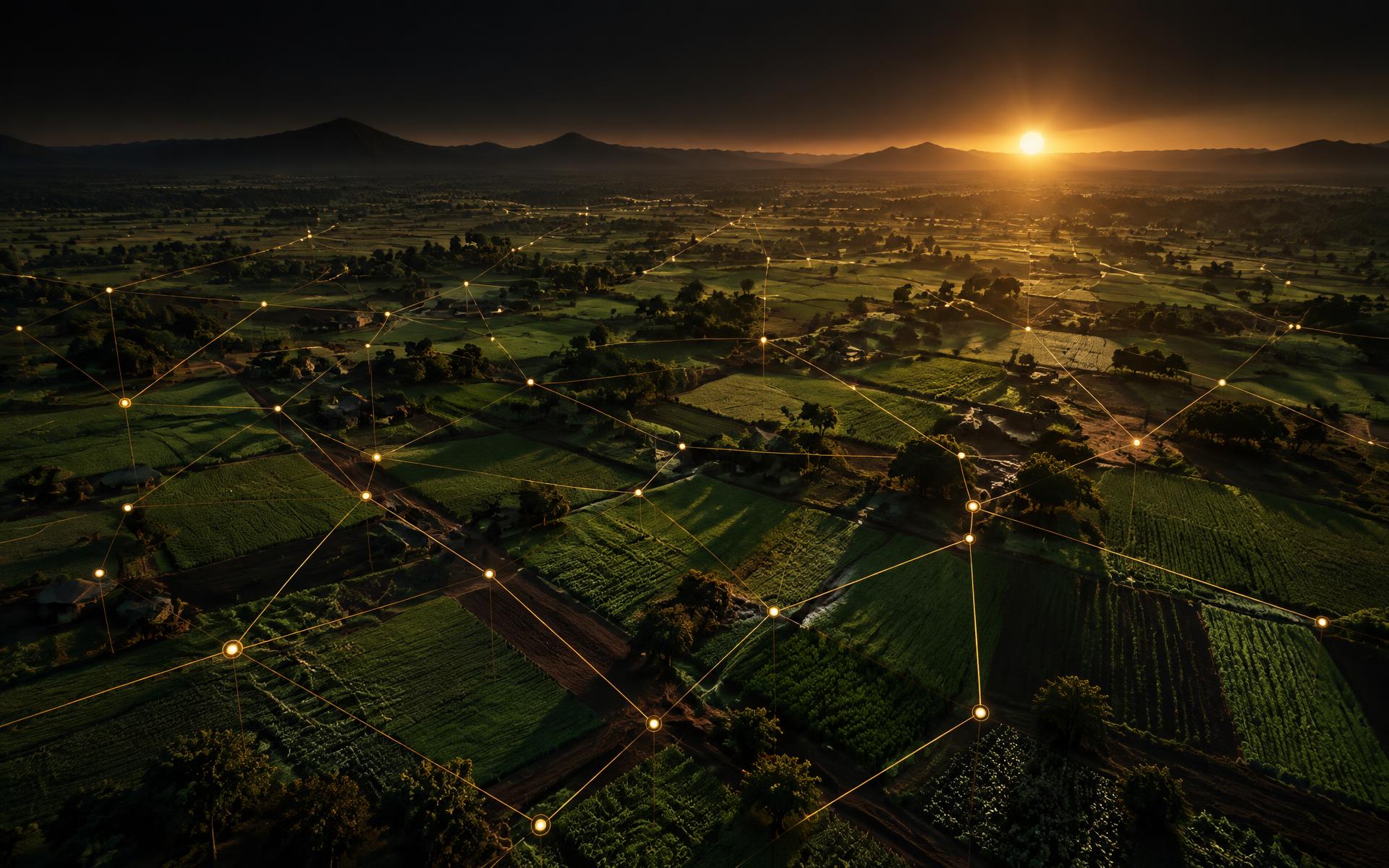 Aerial view of smallholder farmland at dusk connected by glowing data lines