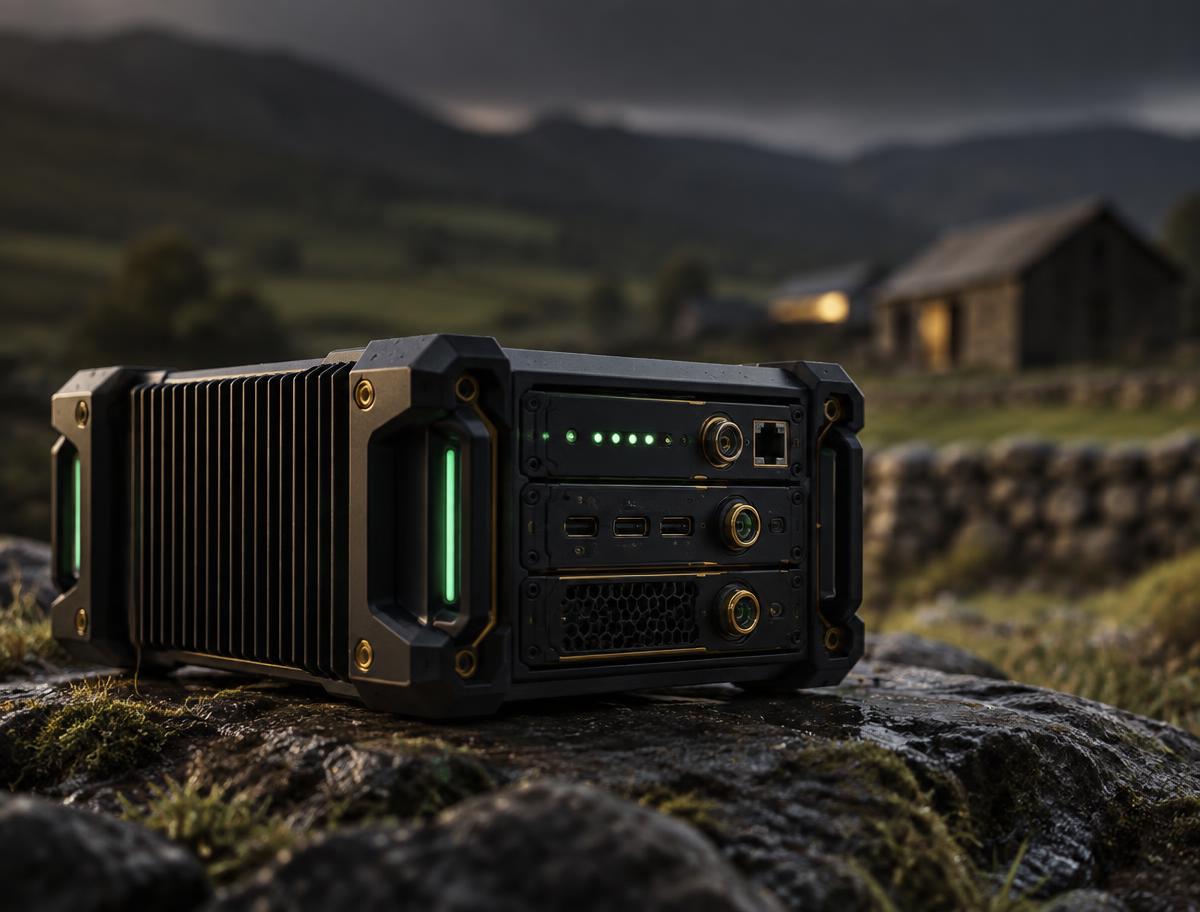 A rugged modular edge computing unit standing in a rural landscape